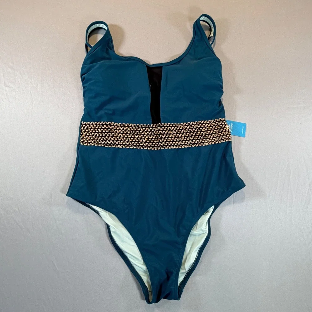 Cupshe Teal‎ Blue One Piece Swimsuit Mesh Plunge Gold Belt Tummy Contouring NEW
